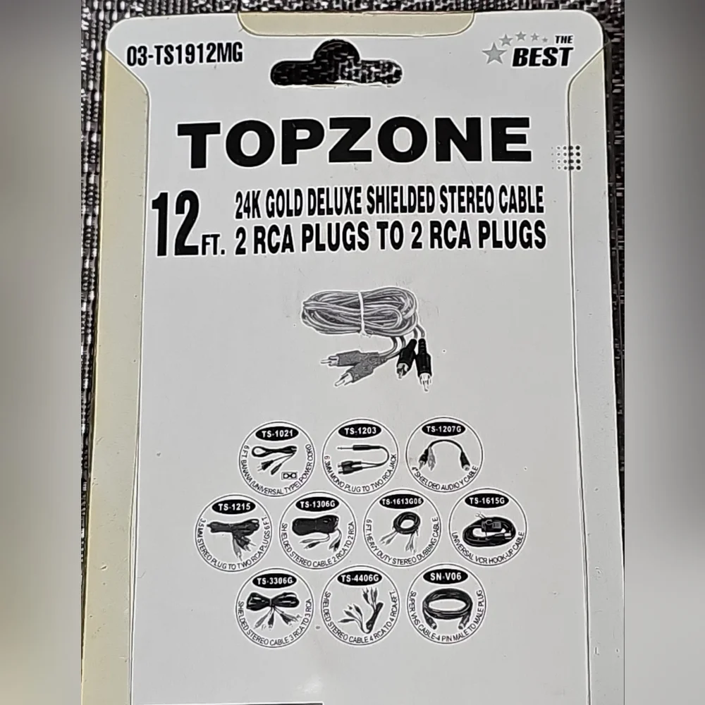 TOPZONE 12ft‎ 24K Gold Deluxe Shielded Stereo Cable 2 RCA To 2 RCA Plugs